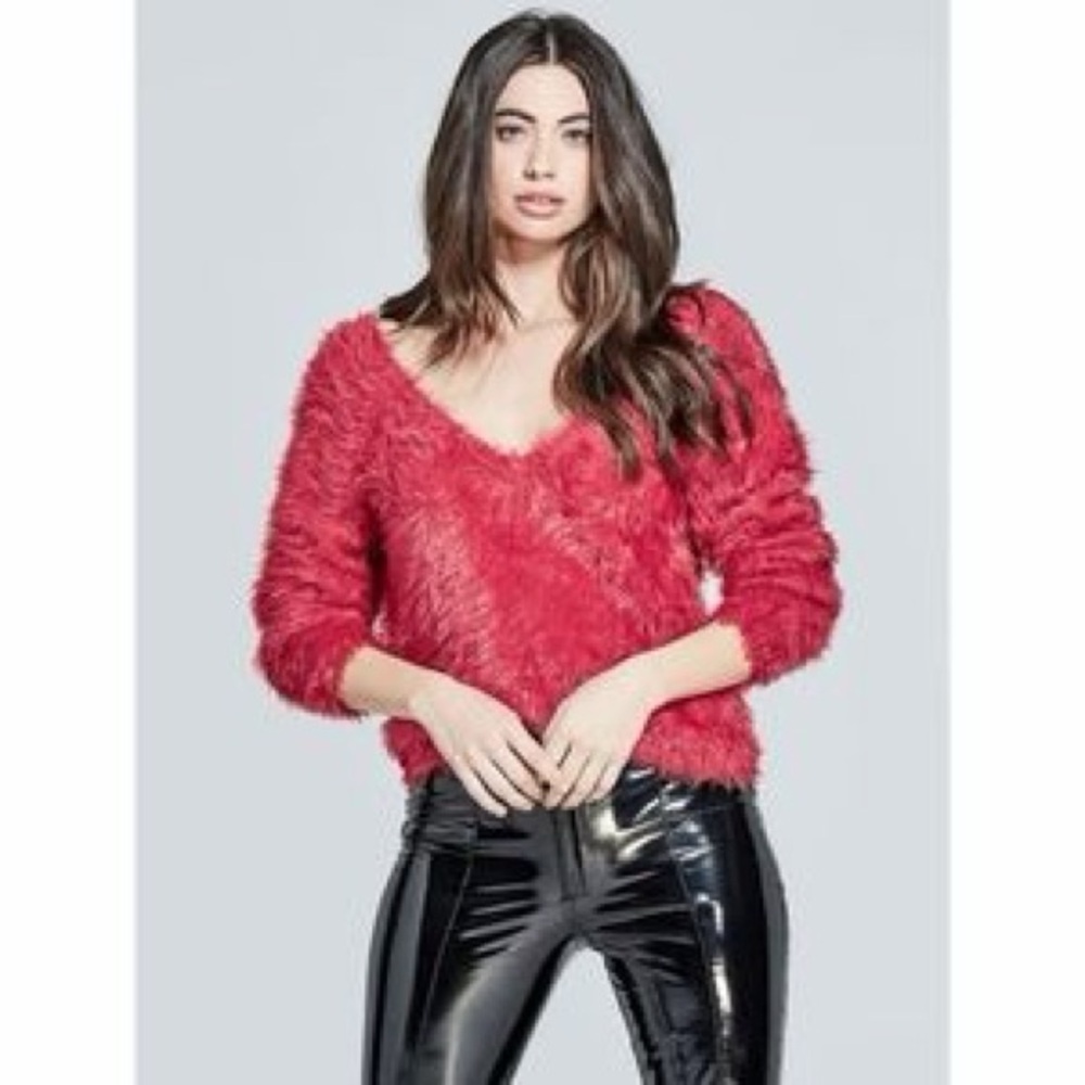Marciano Vibrant Red Fuzzy V-Neck Top